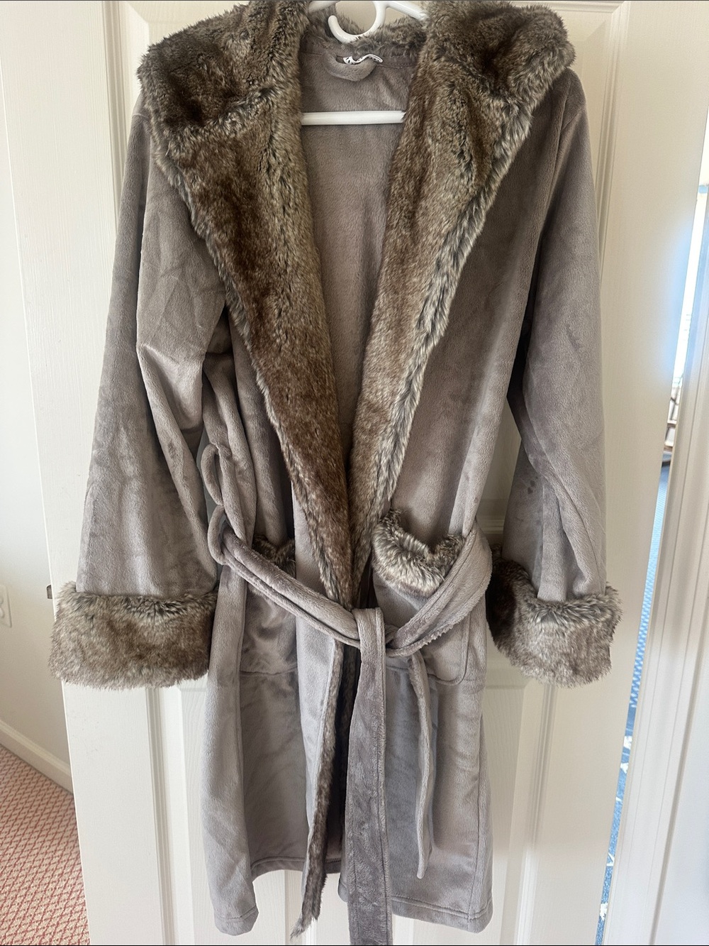 Pottery Barn Taupe Faux Fur Robe with Plush hood